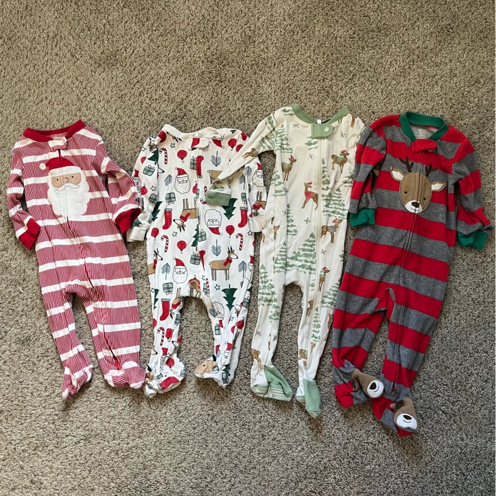 9 Month Baby Christmas Jammie Bundle- 4 Sleepers (3 Cotton, 1 Fleece)